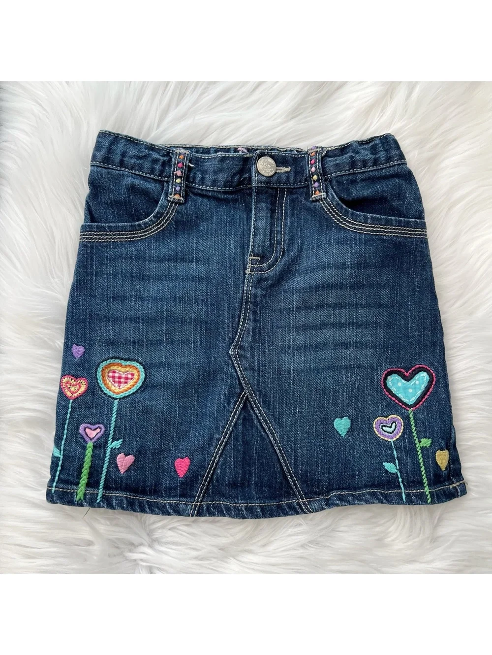 Gap Kids Embroidered Heart Flower Denim Skirt Girls 5 Adjustable Waist Cute